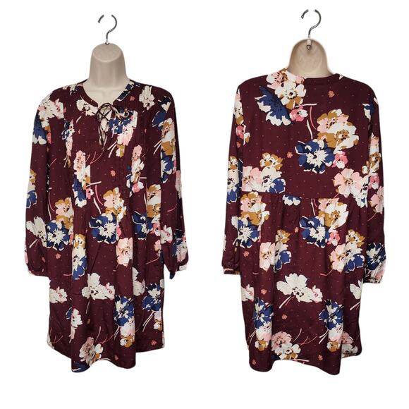 Old Navy Woman's Notched V-Neck Multi-Burgundy Floral Dress 3/4 Sleeve Size Lg - Picture 1 of 9